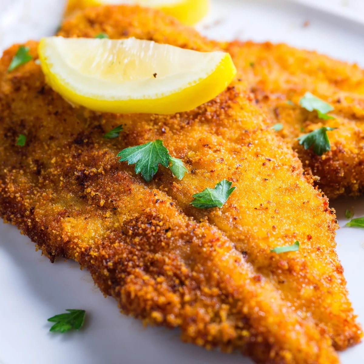 Golden-brown Louisiana fried catfish fillets served with lemon wedges on a rustic plate.