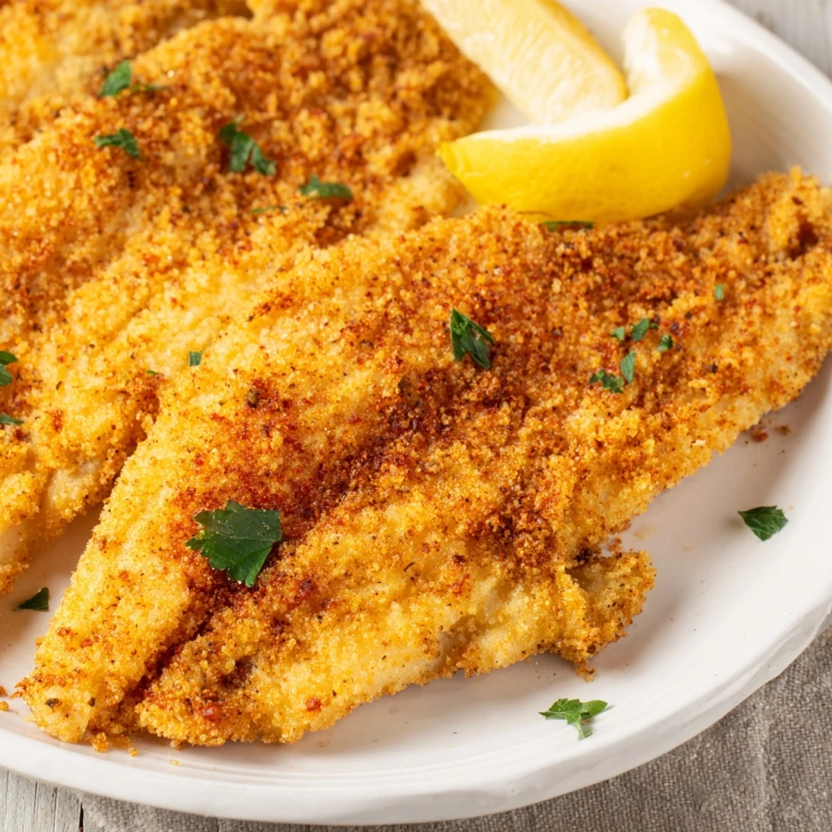 Freshly fried Southern Louisiana catfish fillets with a golden crust and lemon slices.