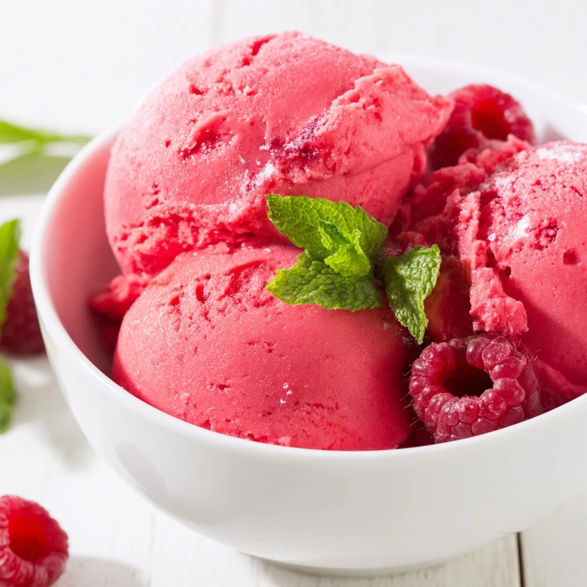 Bright scoops of Pink Raspberry Sorbet with Fresh Mint served in a glass bowl, garnished with extra mint leaves and fresh raspberries for a refreshing summer dessert.