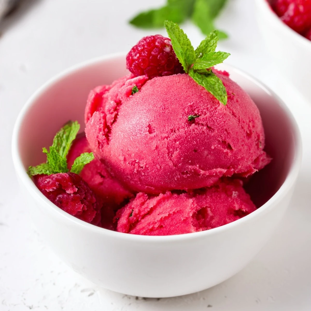 Freshly churned Pink Raspberry Sorbet with Fresh Mint shows a rich pink texture and a mint leaf garnish, perfect for a light, palate-cleansing treat.