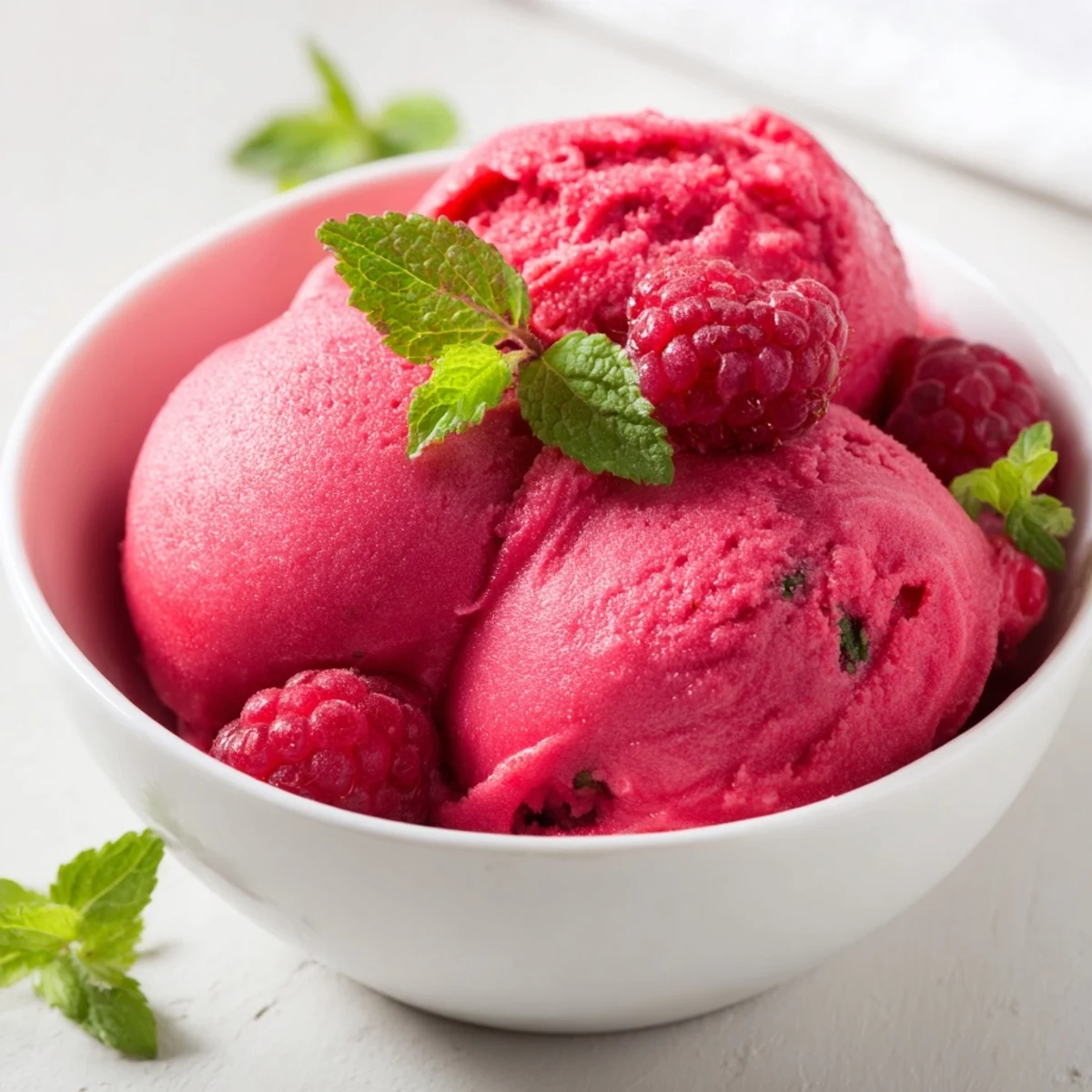 Close-up of Pink Raspberry Sorbet with Fresh Mint in a waffle cone, showcasing vibrant color and a cool mint garnish, ideal for an easy vegan dessert.