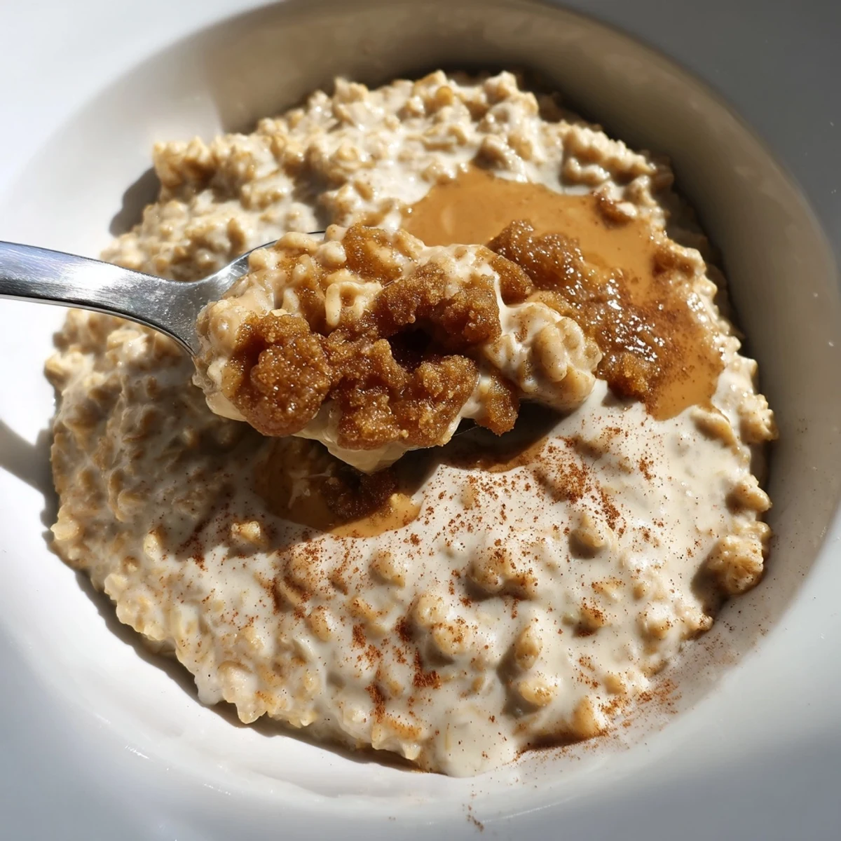Close-up of creamy Irish Oatmeal with Brown Sugar and Cream, perfect for cozy breakfast.