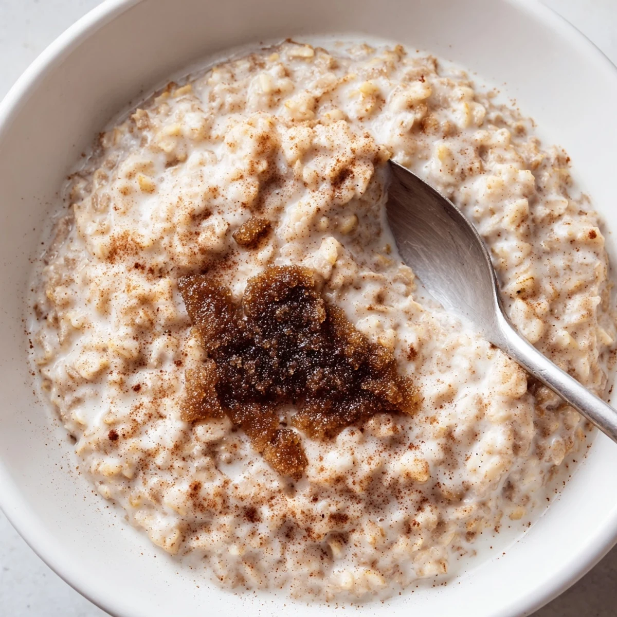 A warm spoonful of Irish Oatmeal with Brown Sugar and Cream topped with cinnamon.