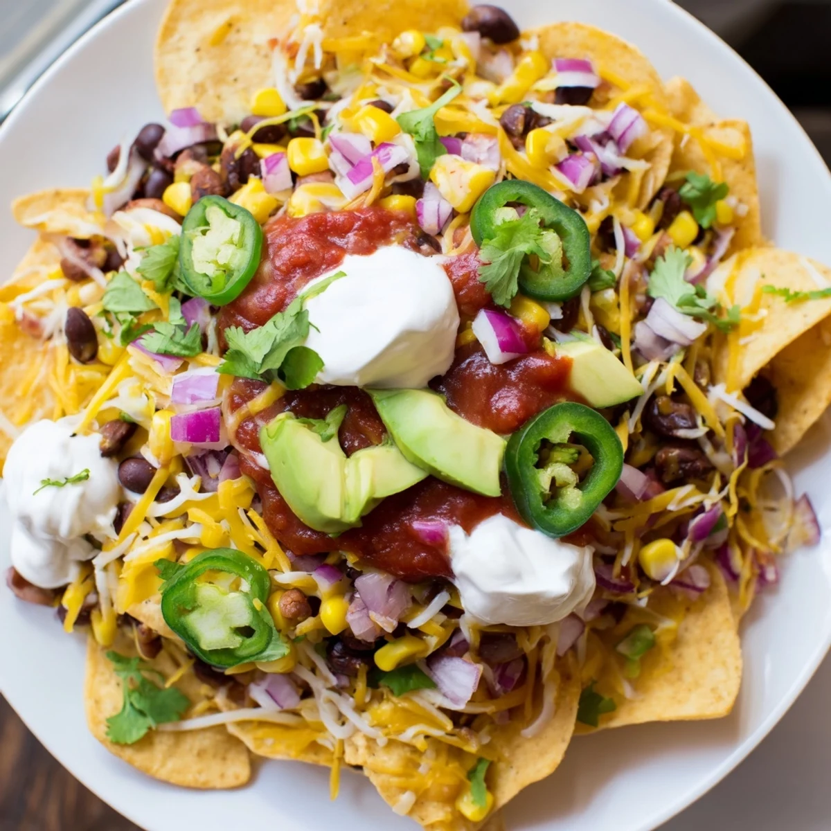 Golden-brown Touchdown Nachos with black beans and corn, topped with fresh avocado, cilantro, and sour cream.
