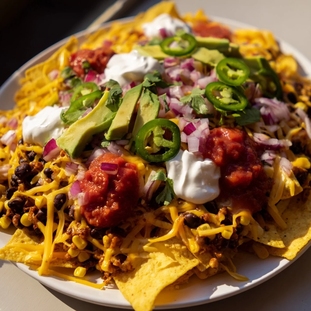 Freshly baked Touchdown Nachos with seasoned black beans, sweet corn, and colorful Tex-Mex toppings for game day.