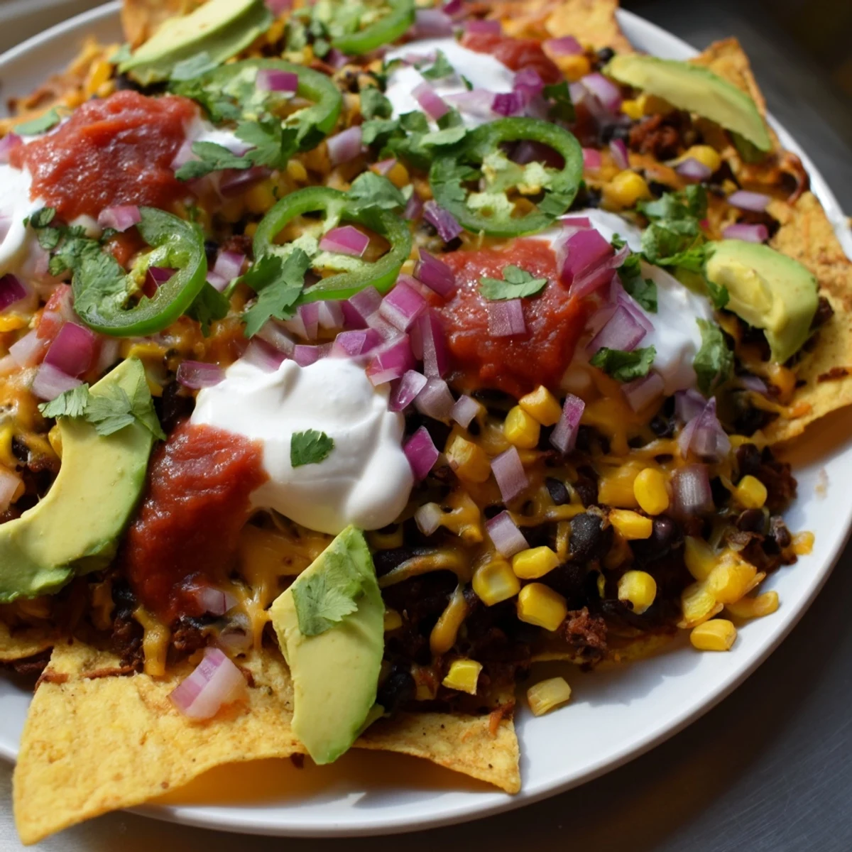 Sizzling hot Touchdown Nachos, loaded with melty cheese, black beans, and corn on a festive platter.