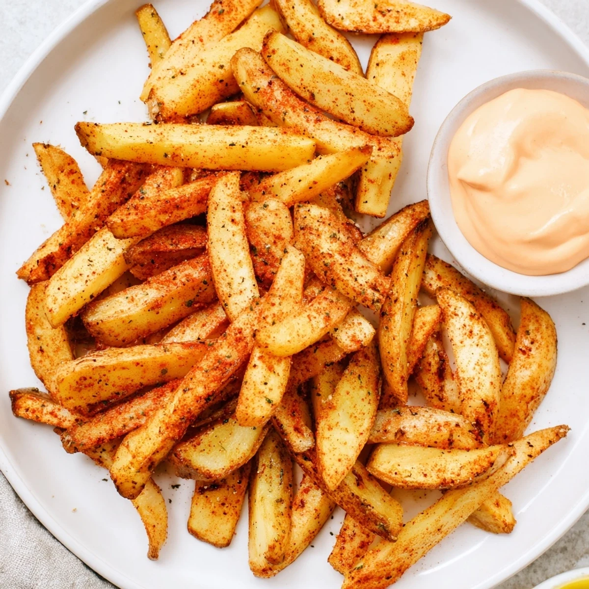 Golden-brown Cajun Spiced Fries with Spicy Mayo dip on a rustic plate, garnished with fresh parsley.