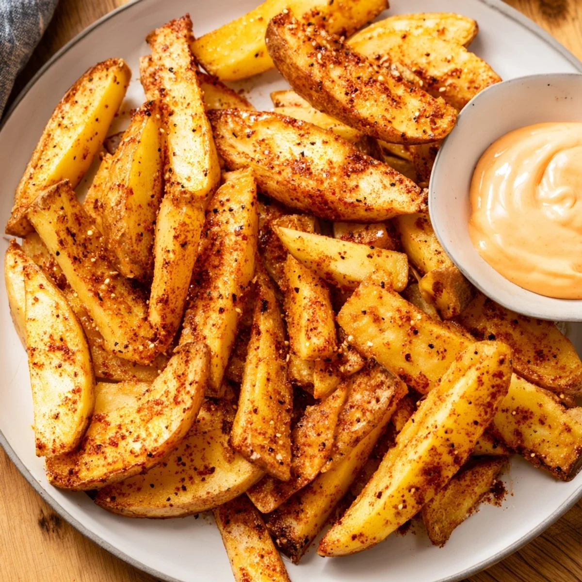 Freshly baked Cajun Spiced Fries with Spicy Mayo served in a red checkerboard basket for a casual look.