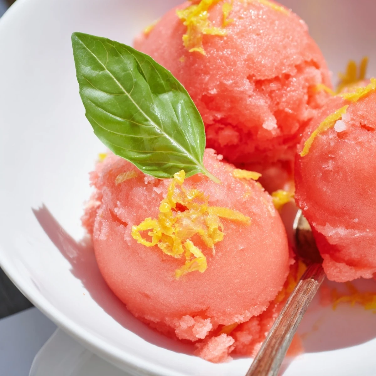 Scoops of Pink Grapefruit Sorbet with Basil on a chilled plate, garnished with fresh basil leaves.