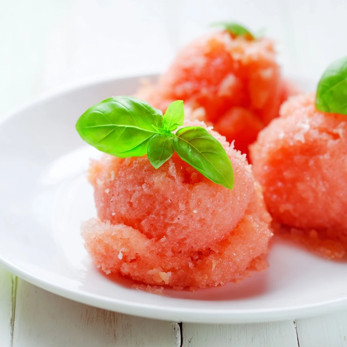 Bright pink grapefruit sorbet with basil topping served in a glass dish, reflecting light from a sunny window.