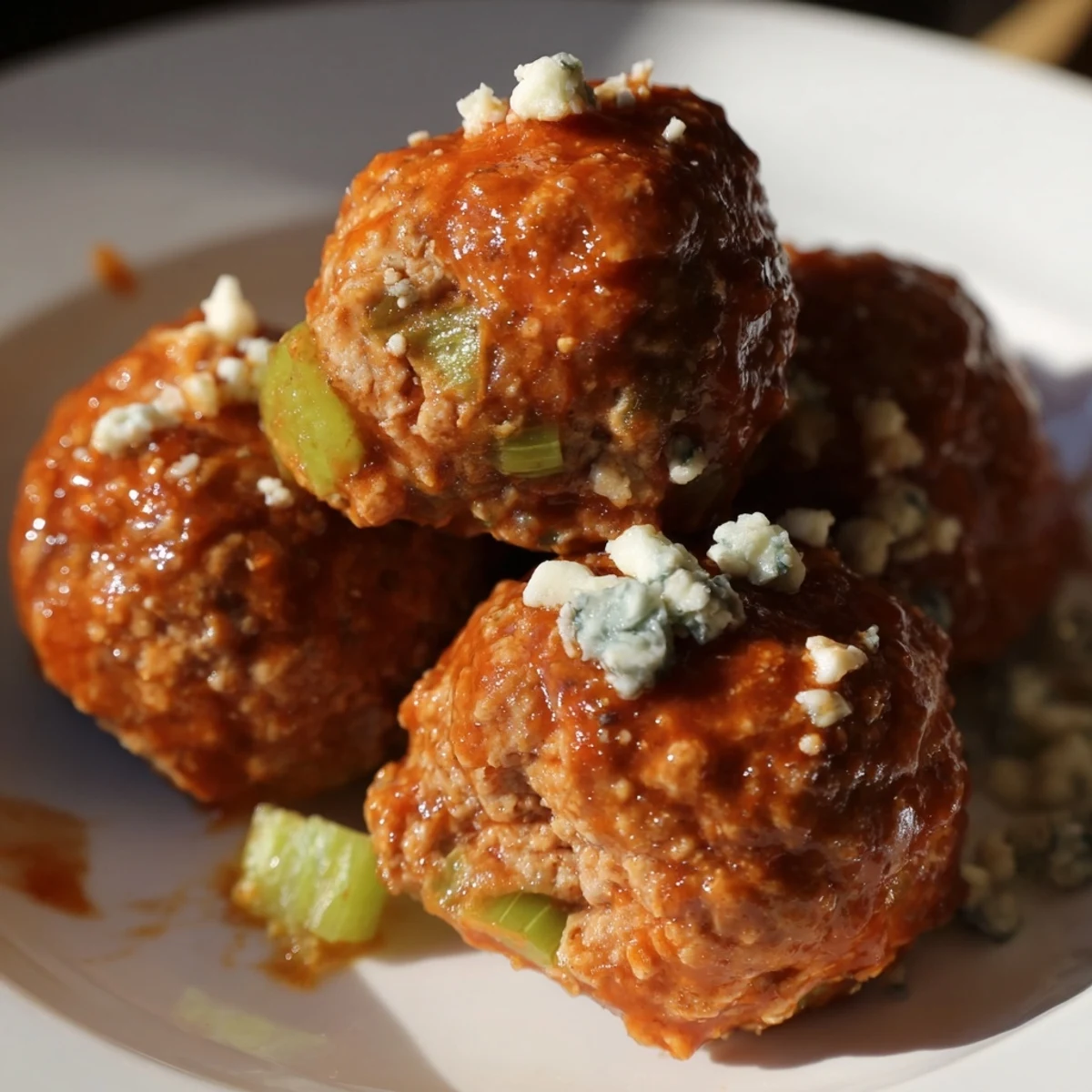 Golden-brown baked Touchdown Buffalo Chicken Meatballs simmering in buttery buffalo sauce, ready to serve with blue cheese crumbles for game day.