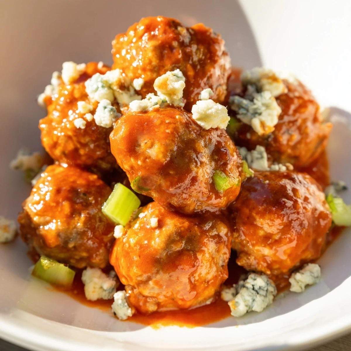 Freshly baked Touchdown Buffalo Chicken Meatballs garnished with green onions and served alongside ranch dressing for a crowd-pleasing appetizer.
