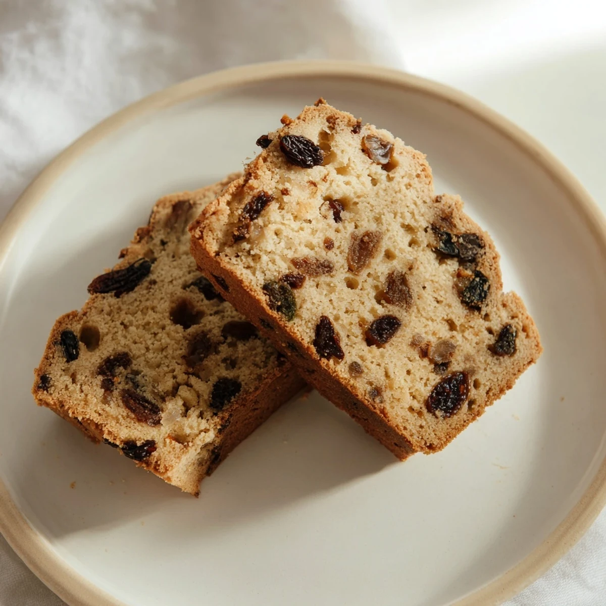Freshly baked Irish Tea Cake with plump dried fruit and a hint of warm cinnamon spice on a wooden board.