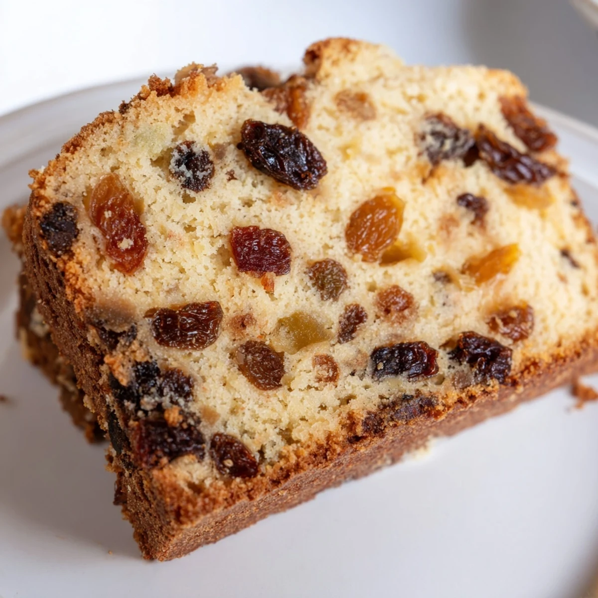 Golden brown Irish Tea Cake with soaked raisins and currants, cooling on a wire rack after baking.
