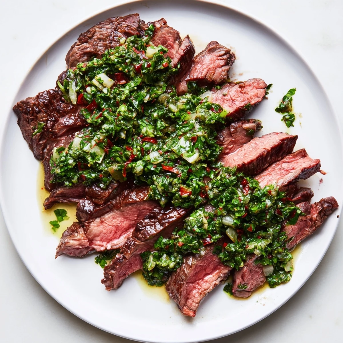 Perfectly seared Date Night Steak with Chimichurri rests before being sliced to show its juicy, pink center.
