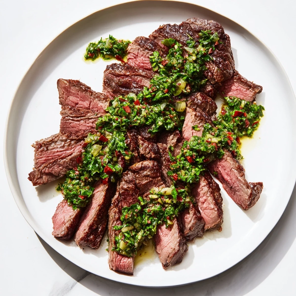 A bowl of vibrant green chimichurri sauce sits beside a grilled Date Night Steak on a white plate.