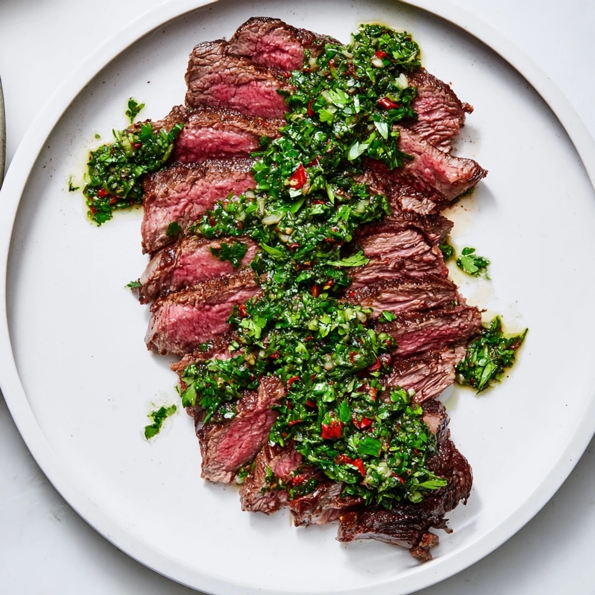 Homemade Date Night Steak with Chimichurri served with roasted potatoes and a glass of red wine.