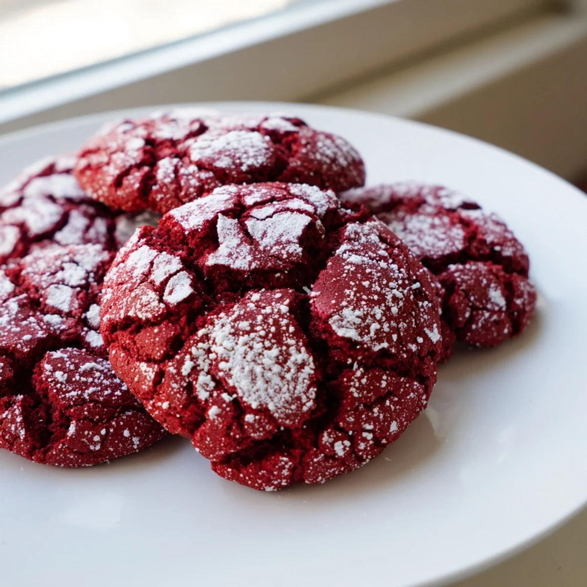 Freshly baked Red Velvet Crinkle Cookies dusted with powdered sugar on a cooling rack, showcasing their crackled tops and soft red centers.