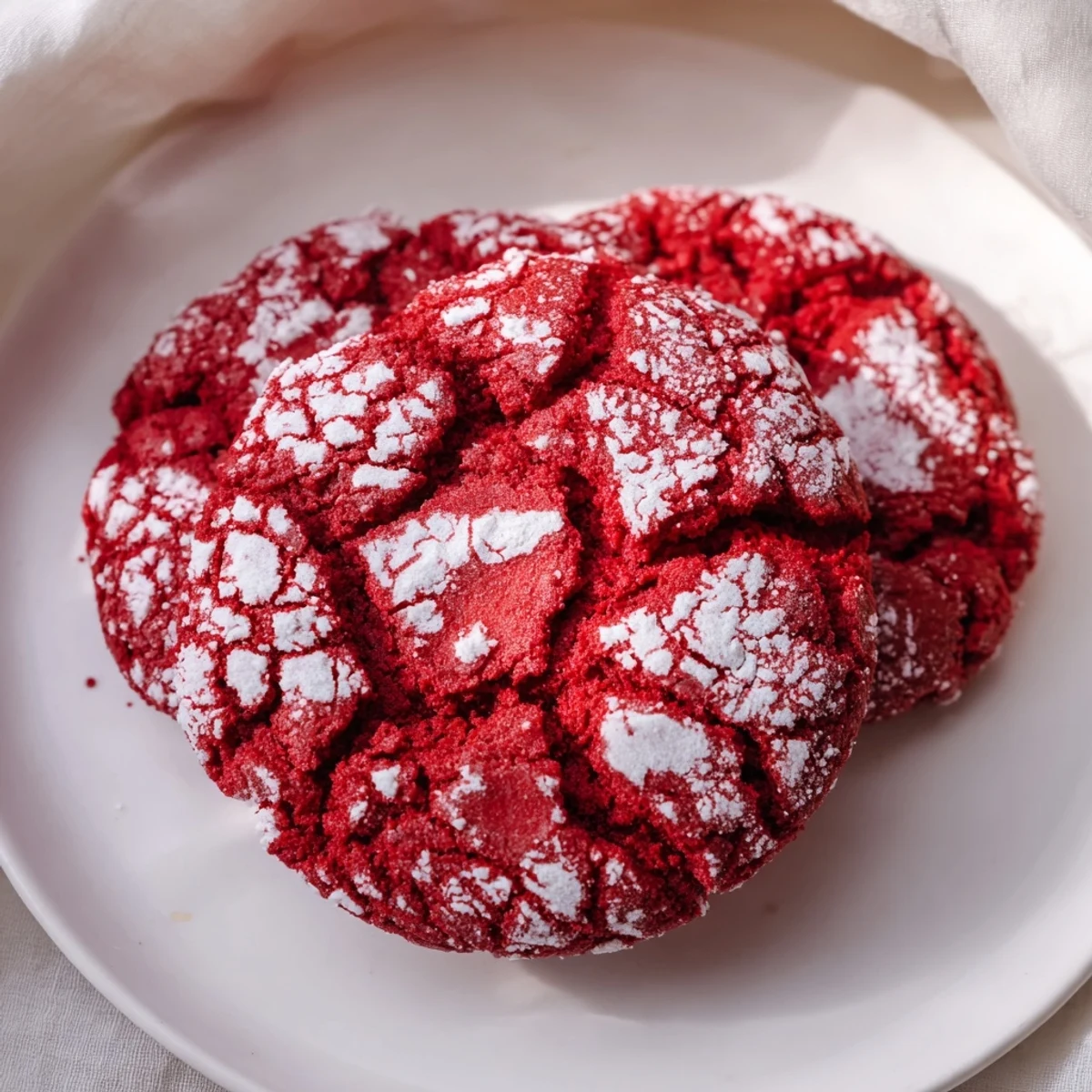 Red Velvet Crinkle Cookies dough rolled in powdered sugar before baking, highlighting the vibrant red color contrast.