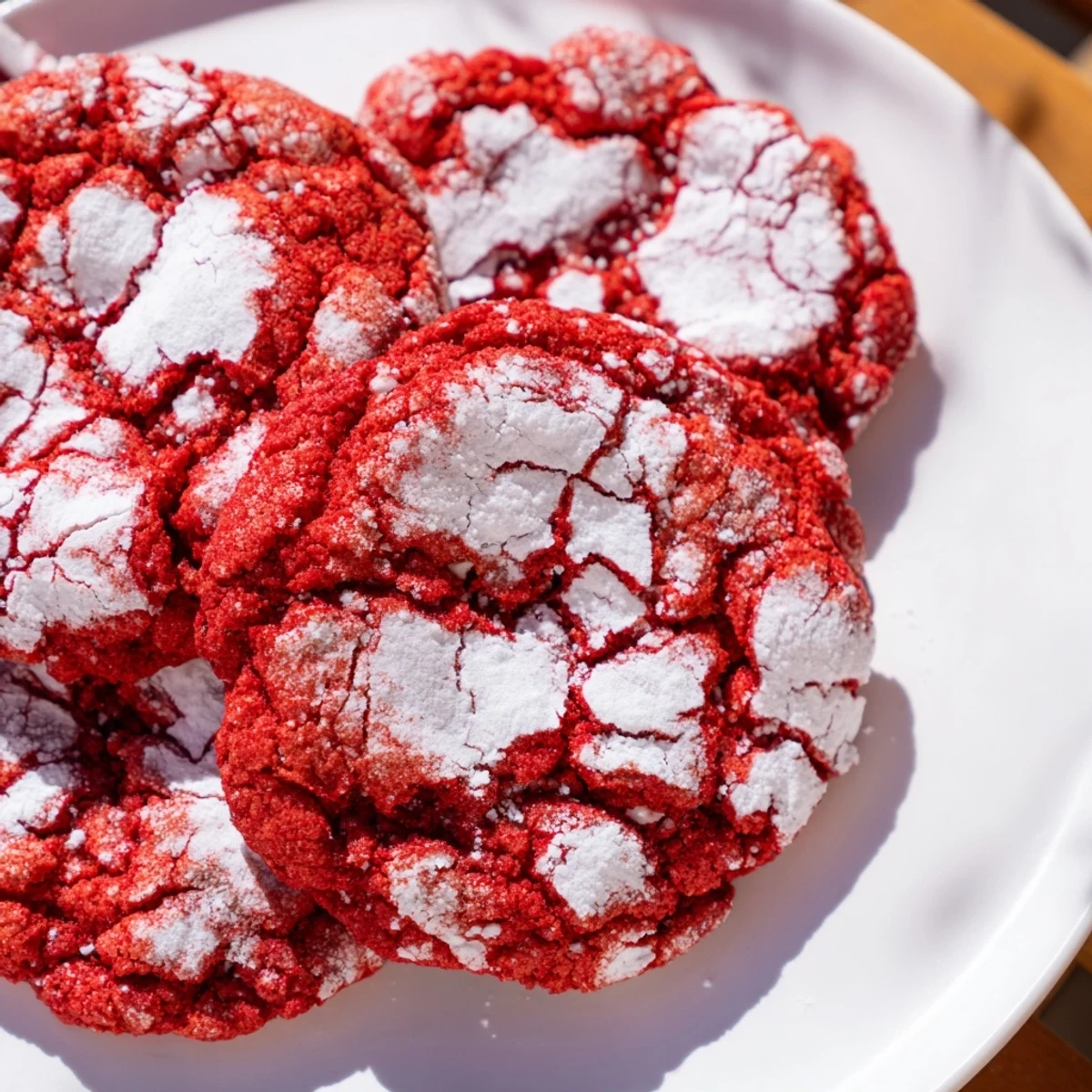 Stack of Red Velvet Crinkle Cookies on a white plate, ready to be served with a glass of cold milk.