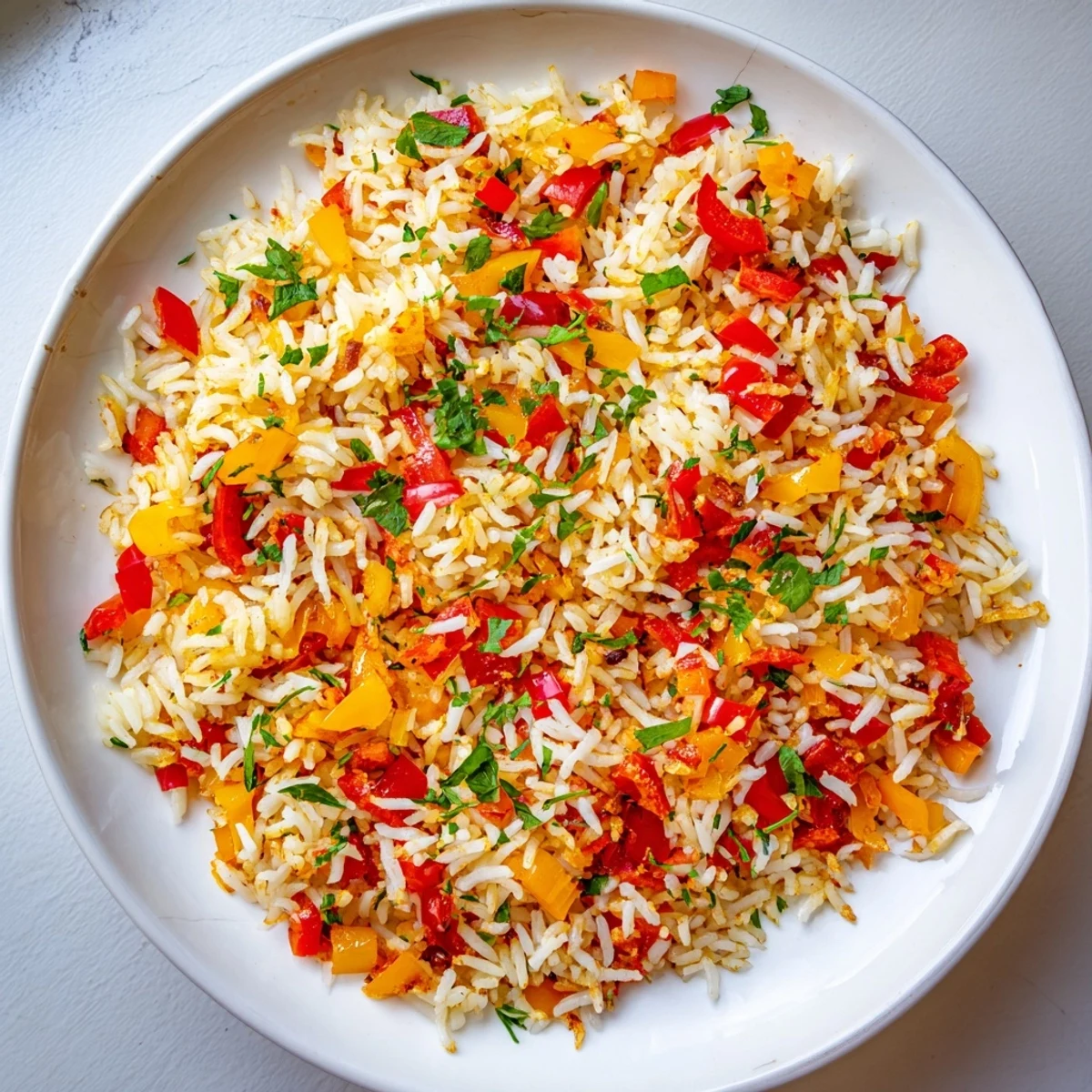 Vibrant Creole Rice Pilaf with Peppers and Onions steaming beside a colorful salad.