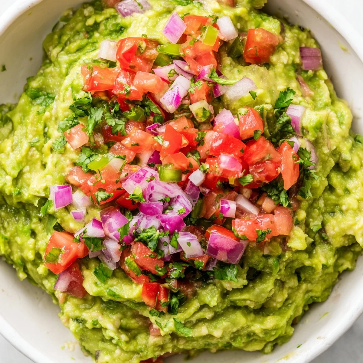 Freshly mashed Super Bowl Guacamole with Pico de Gallo garnished with cilantro, ready for scooping at a lively game day party.