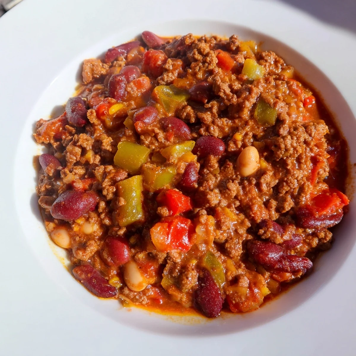 Steam rising from a pot of Tailgate Beef Chili with Beans, garnished with cilantro and diced onions.