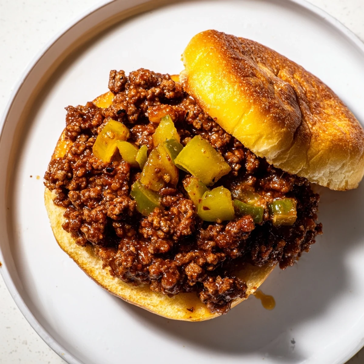 A close-up of golden-brown Sloppy Joes on toasted buns, featuring a rich, savory beef mixture and a side of crisp pickle chips.  