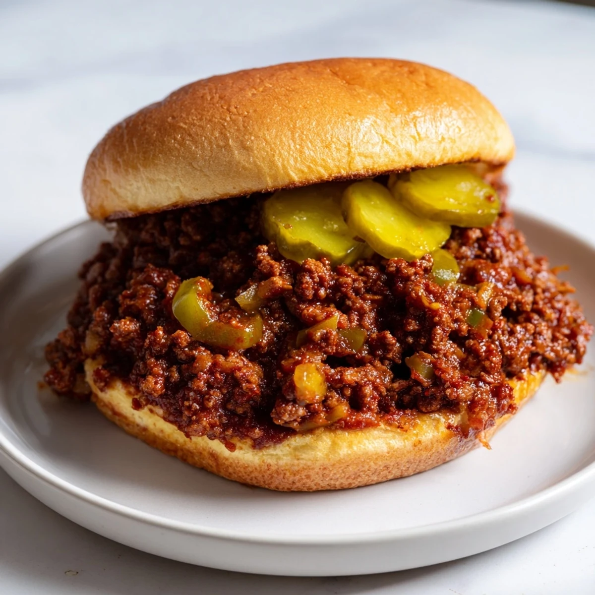 Freshly made Sloppy Joes on toasted buns are served hot on a rustic wooden table, with a drizzle of sauce and melted butter visible.  