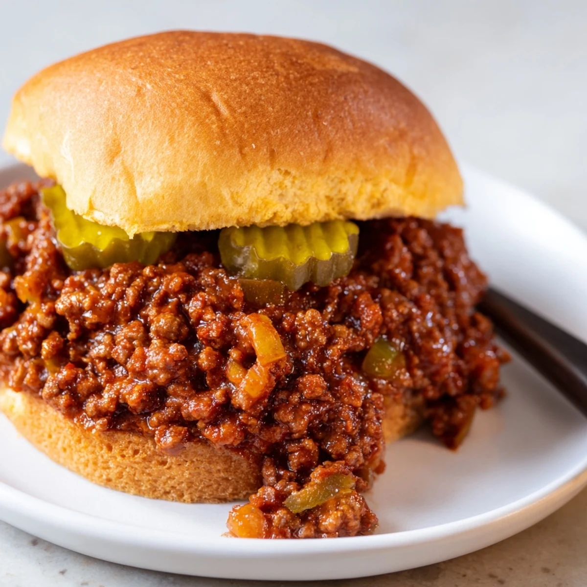A comforting plate of Sloppy Joes on toasted buns, garnished with fresh green onions, ready for a family weeknight dinner.