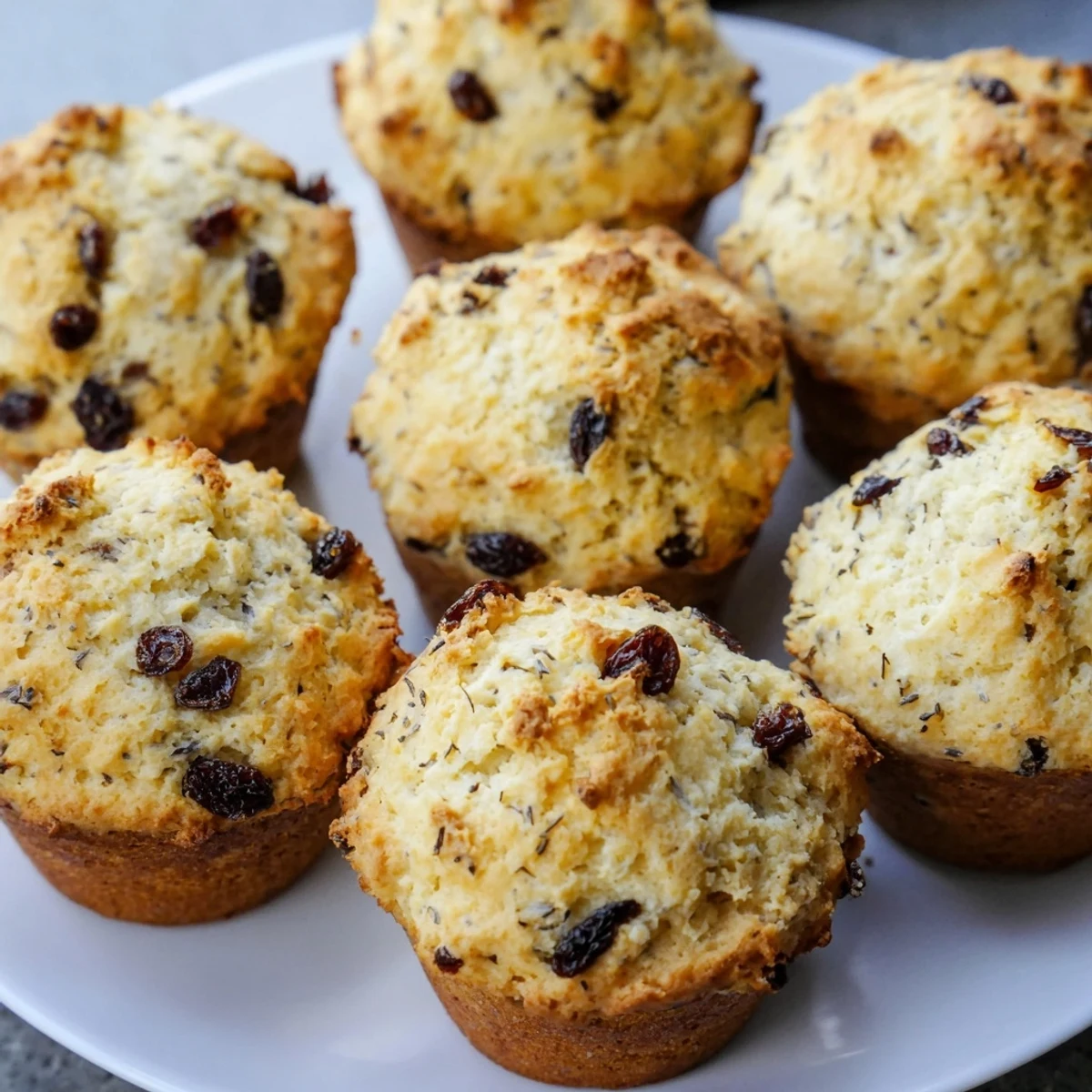 Golden-brown Irish Soda Bread Muffins with Raisins, studded with plump dried fruit and sprinkled with caraway seeds, cooling on a wire rack for breakfast.