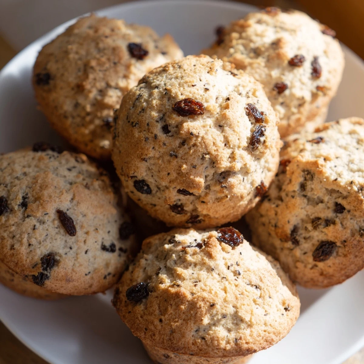 Freshly baked Irish Soda Bread Muffins with Raisins, with a tender crumb and golden crust, served warm with a pat of butter melting on top.