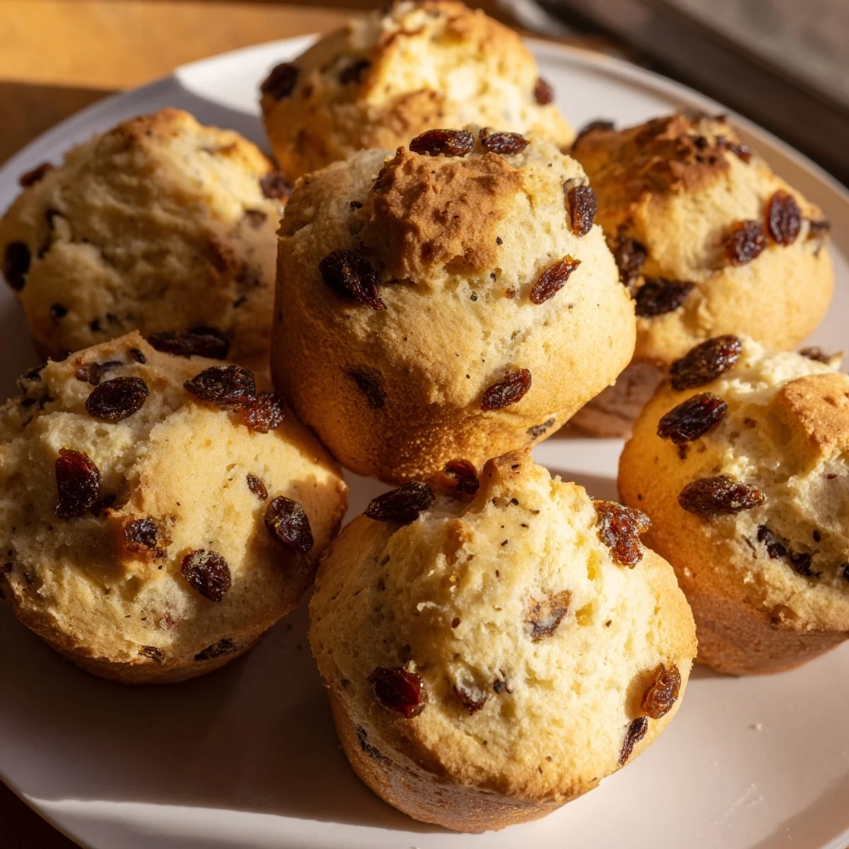 A close-up view of Irish Soda Bread Muffins with Raisins, featuring a moist, crumbly interior packed with sweet raisins and a hint of rustic caraway flavor.