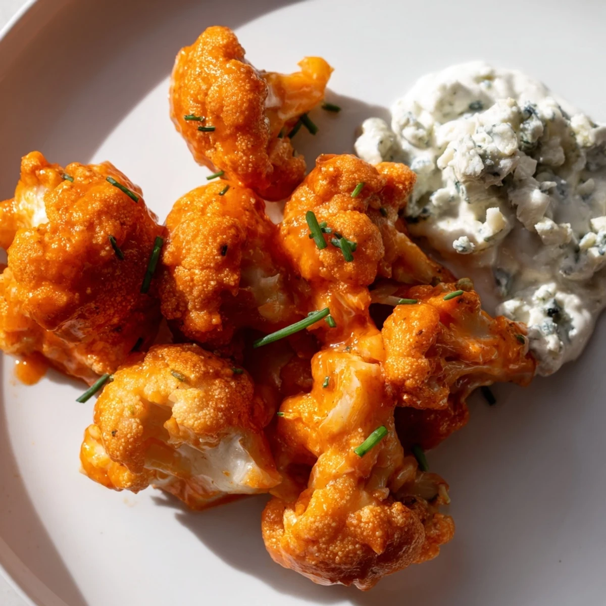 Crispy baked Buffalo Cauliflower Wings with blue cheese dip, celery sticks, and carrots on a rustic platter.