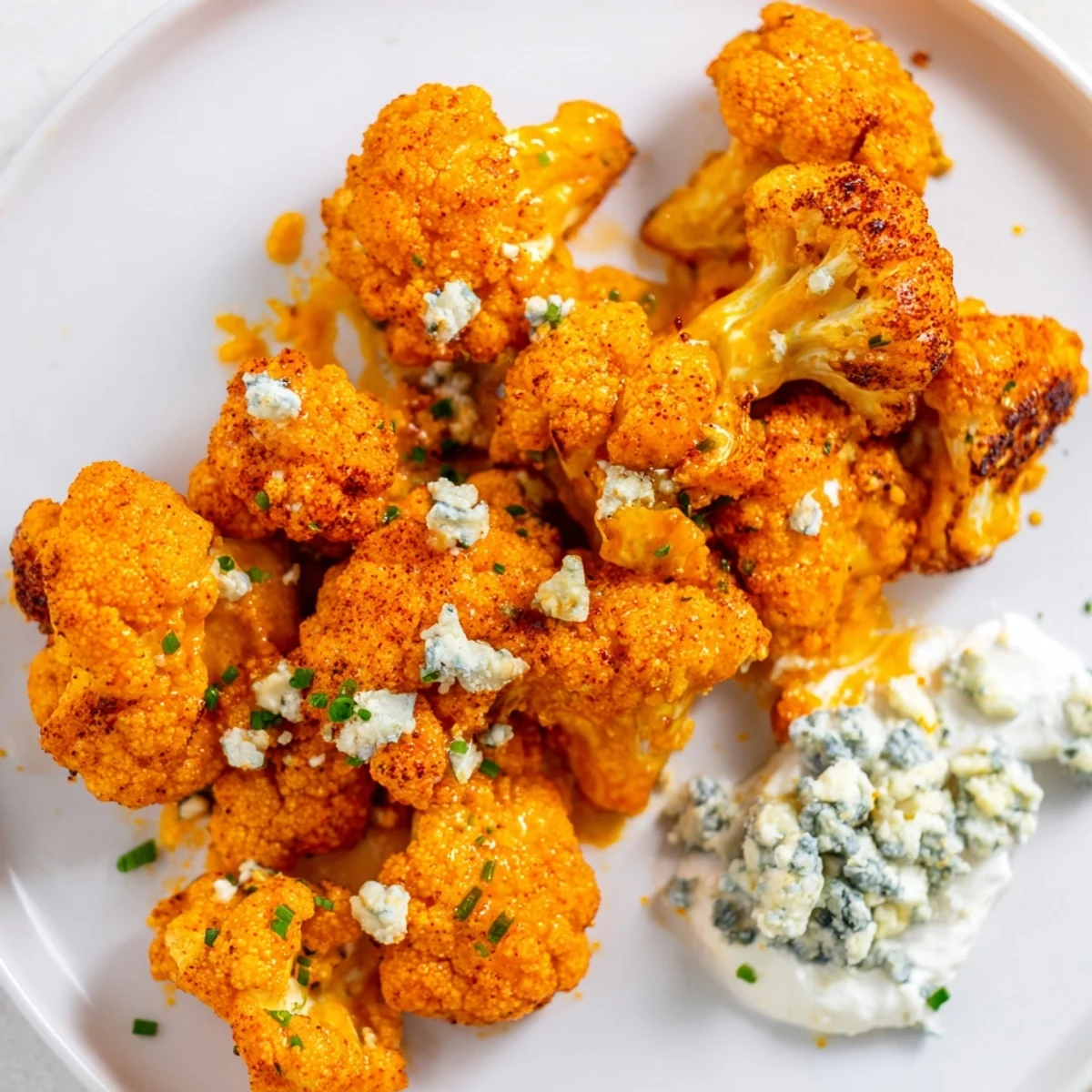 Spicy buffalo cauliflower bites served hot alongside crisp celery and carrot sticks with blue cheese dip.