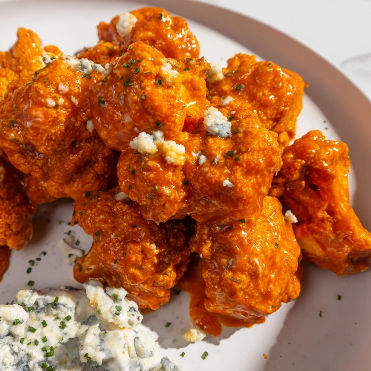 Golden buffalo cauliflower florets piled high, drizzled with creamy blue cheese dip and fresh chives.