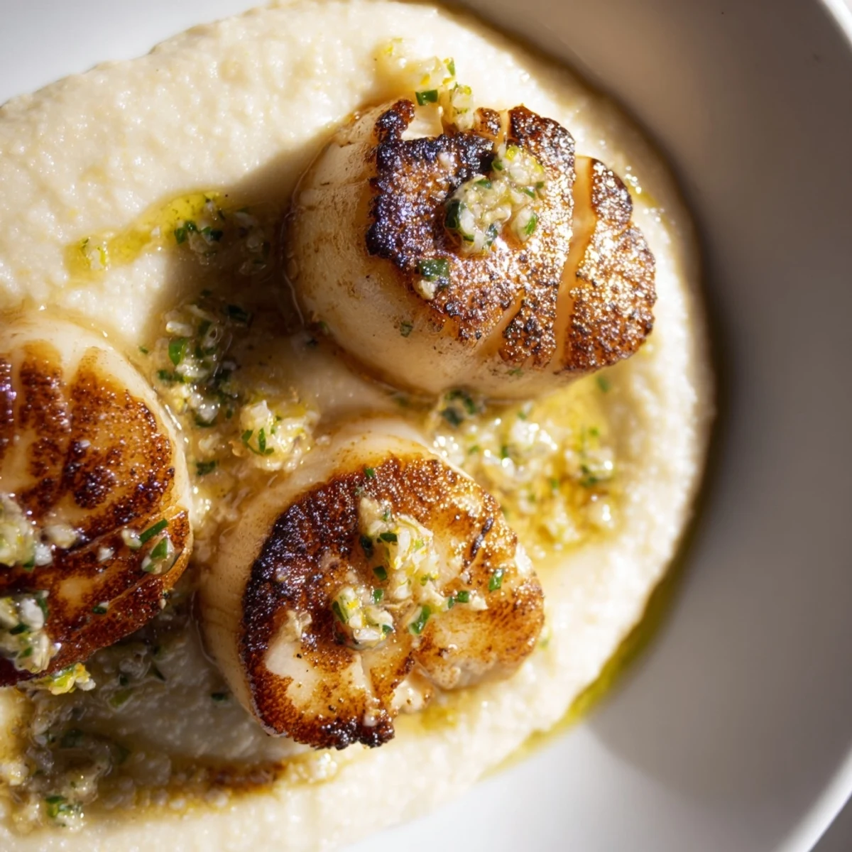 Golden-brown scallops resting on creamy, Parmesan-infused polenta, drizzled with herb butter for a comforting dinner.