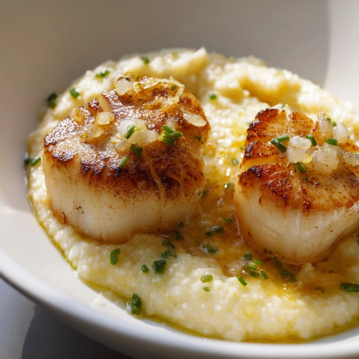 Pan-seared scallops served over rich polenta, a gluten-free main course perfect for elegant home dining.
