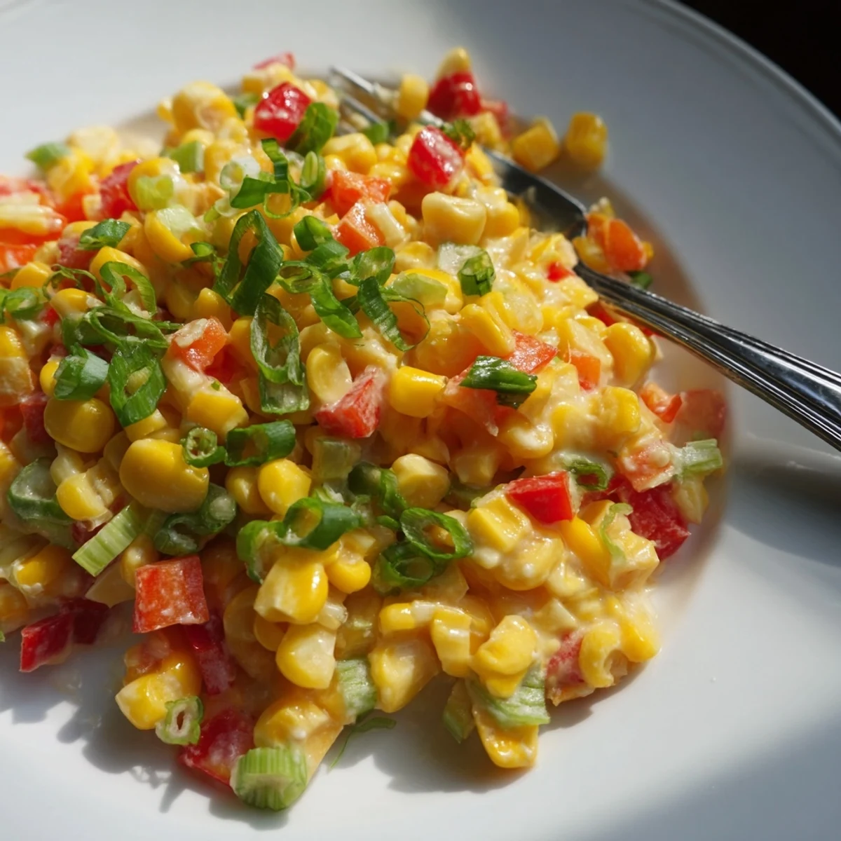 A close-up view of Creole Corn Maque Choux with Peppers, highlighting tender corn kernels in a rich, spicy sauce with fresh garnishes.
