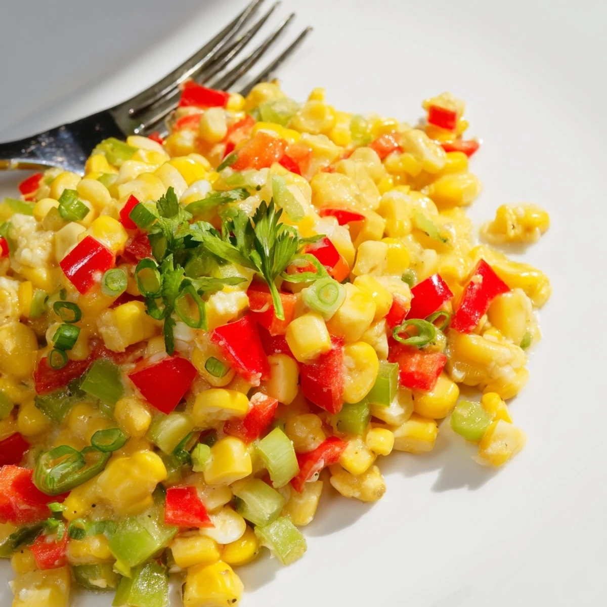 Steaming Creole Corn Maque Choux with Peppers in a white dish, showing sautéed yellow corn, red peppers, and green onions as a side dish.