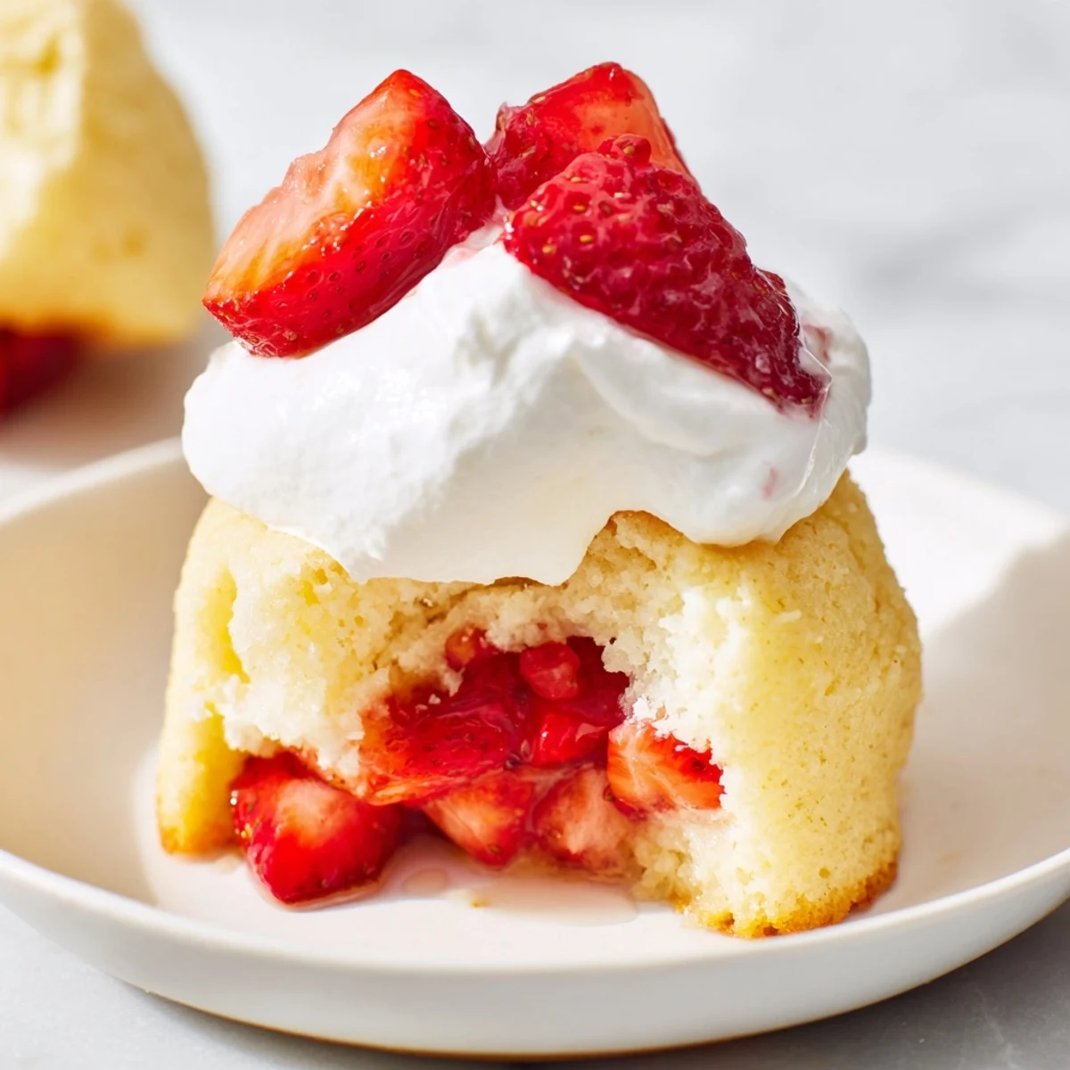 Golden shortcake cups stuffed with fresh, juicy strawberry slices and crowned with soft whipped cream, served on a decorative plate.