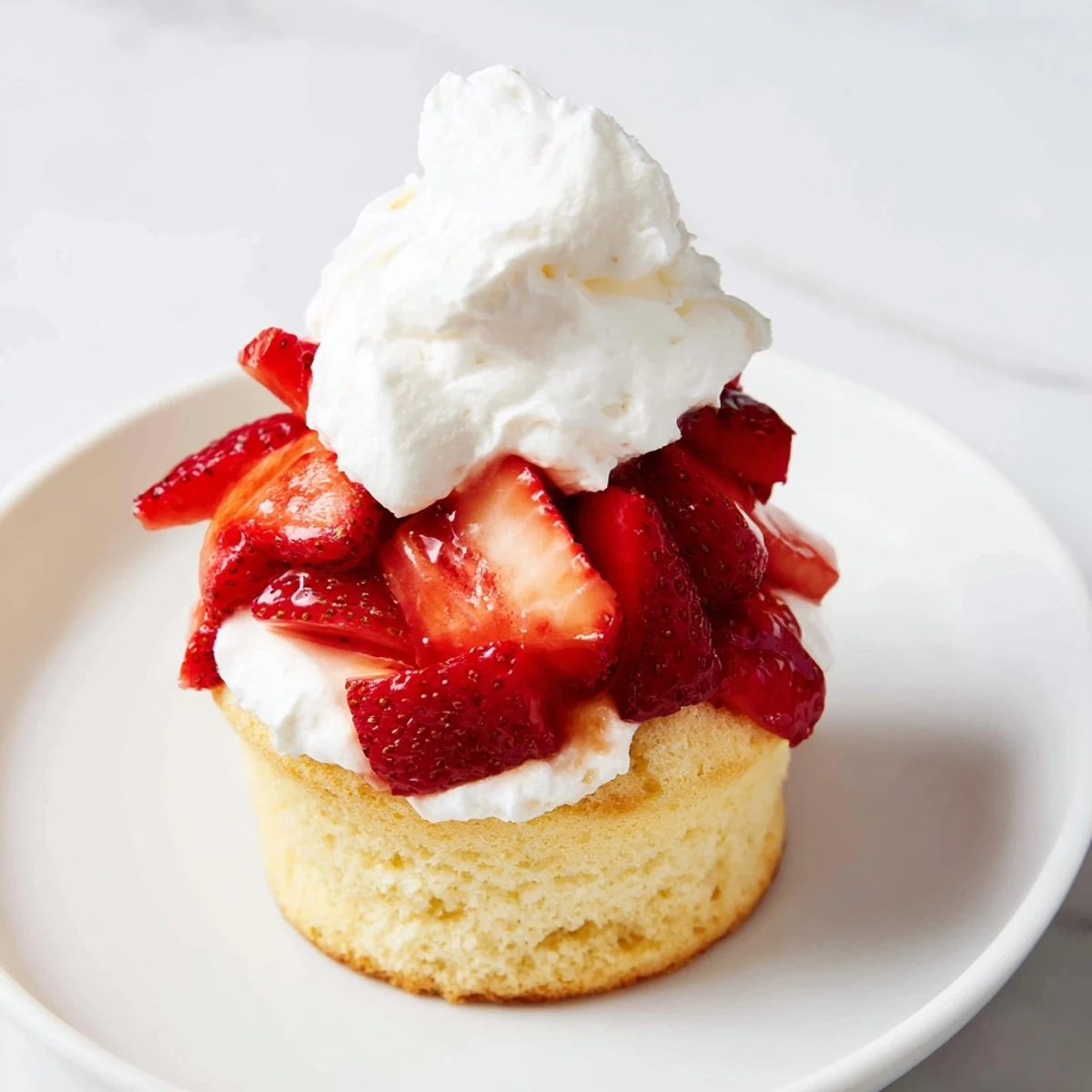 A single Strawberry Shortcake Cup shows fluffy whipped cream topping, ripe red strawberries, and a golden muffin base.