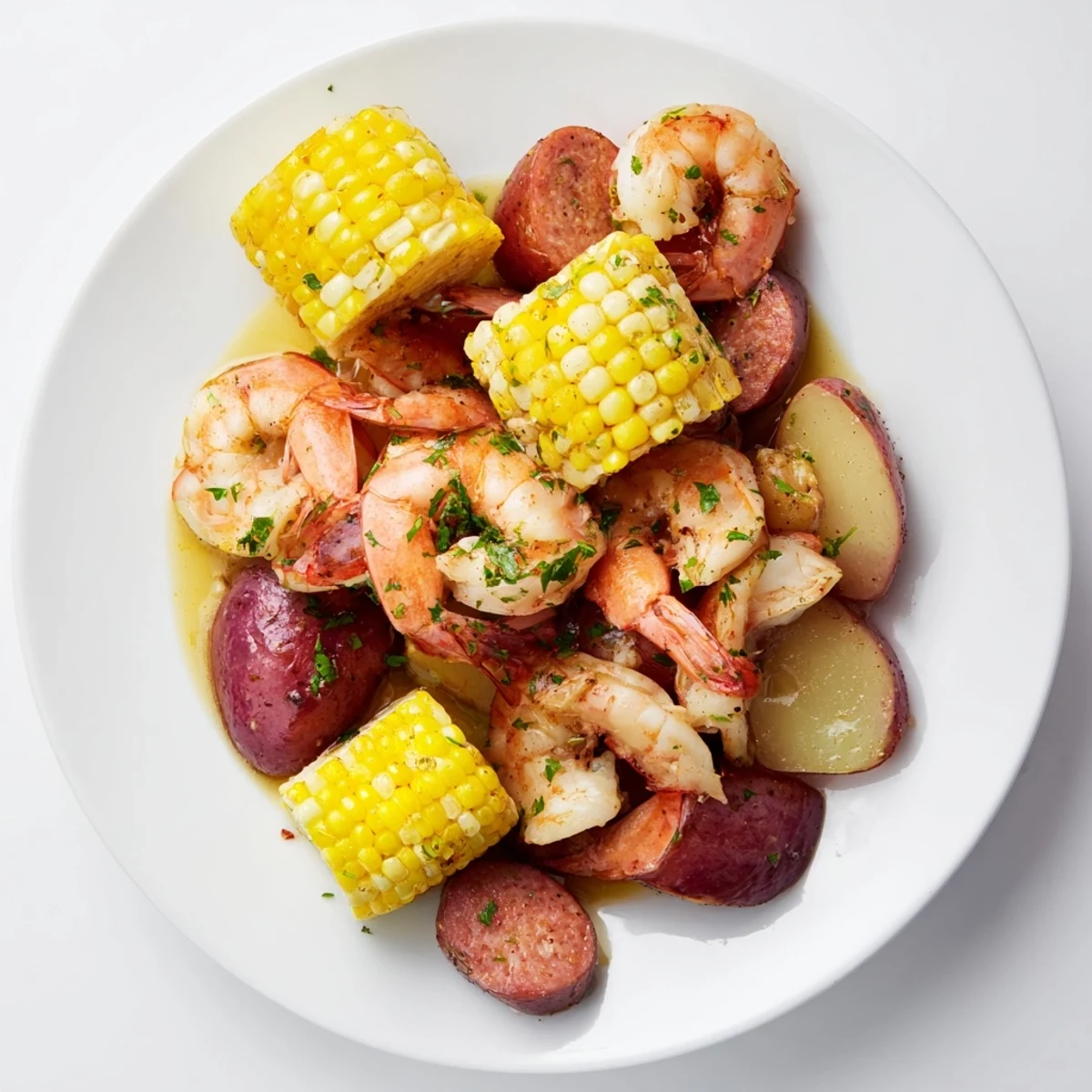 A vibrant Mardi Gras Shrimp Boil with corn on the cob, sausage, and potatoes served on a newspaper-lined table.