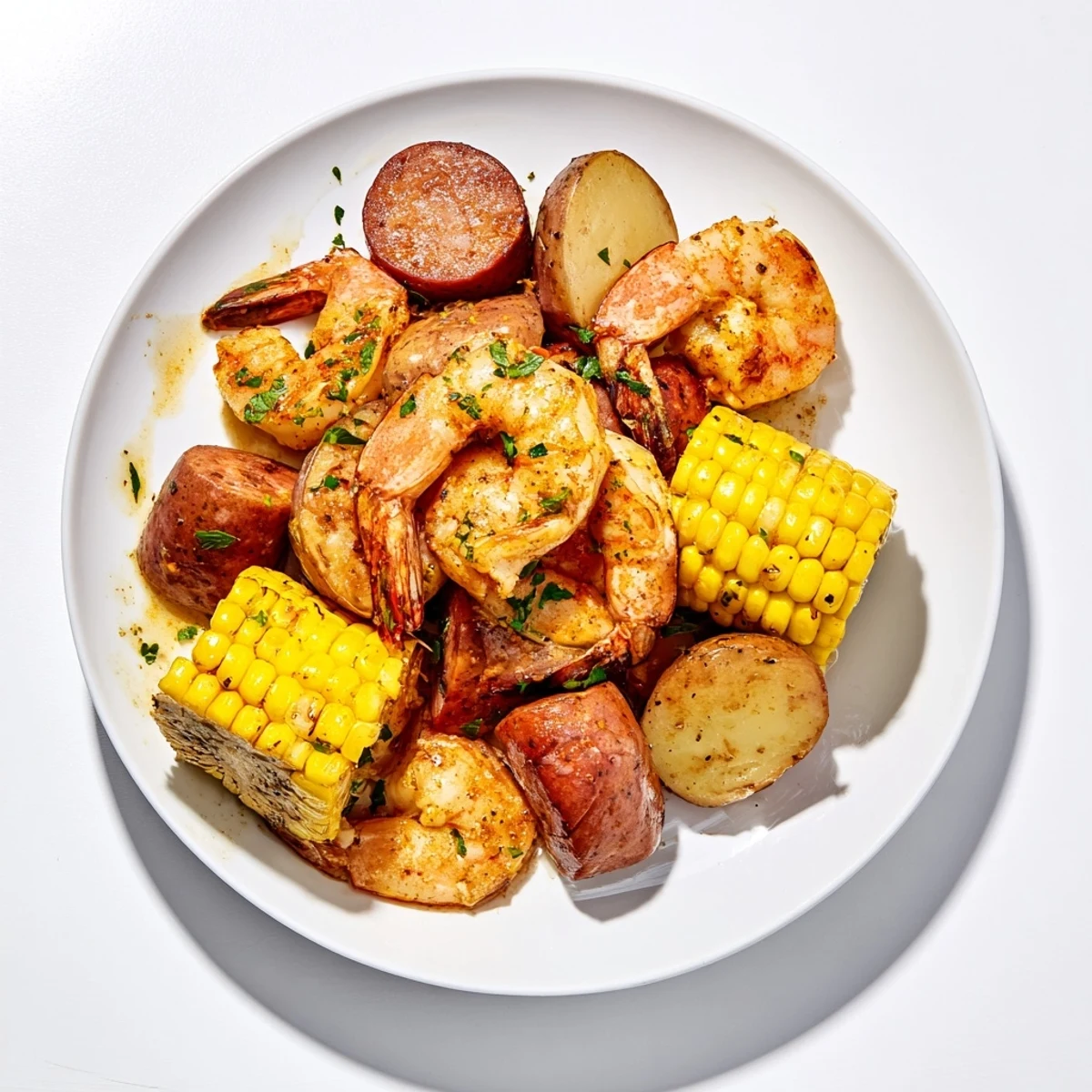 Mardi Gras Shrimp Boil with corn on the cob, potatoes, and Andouille sausage garnished with fresh parsley and melted butter.