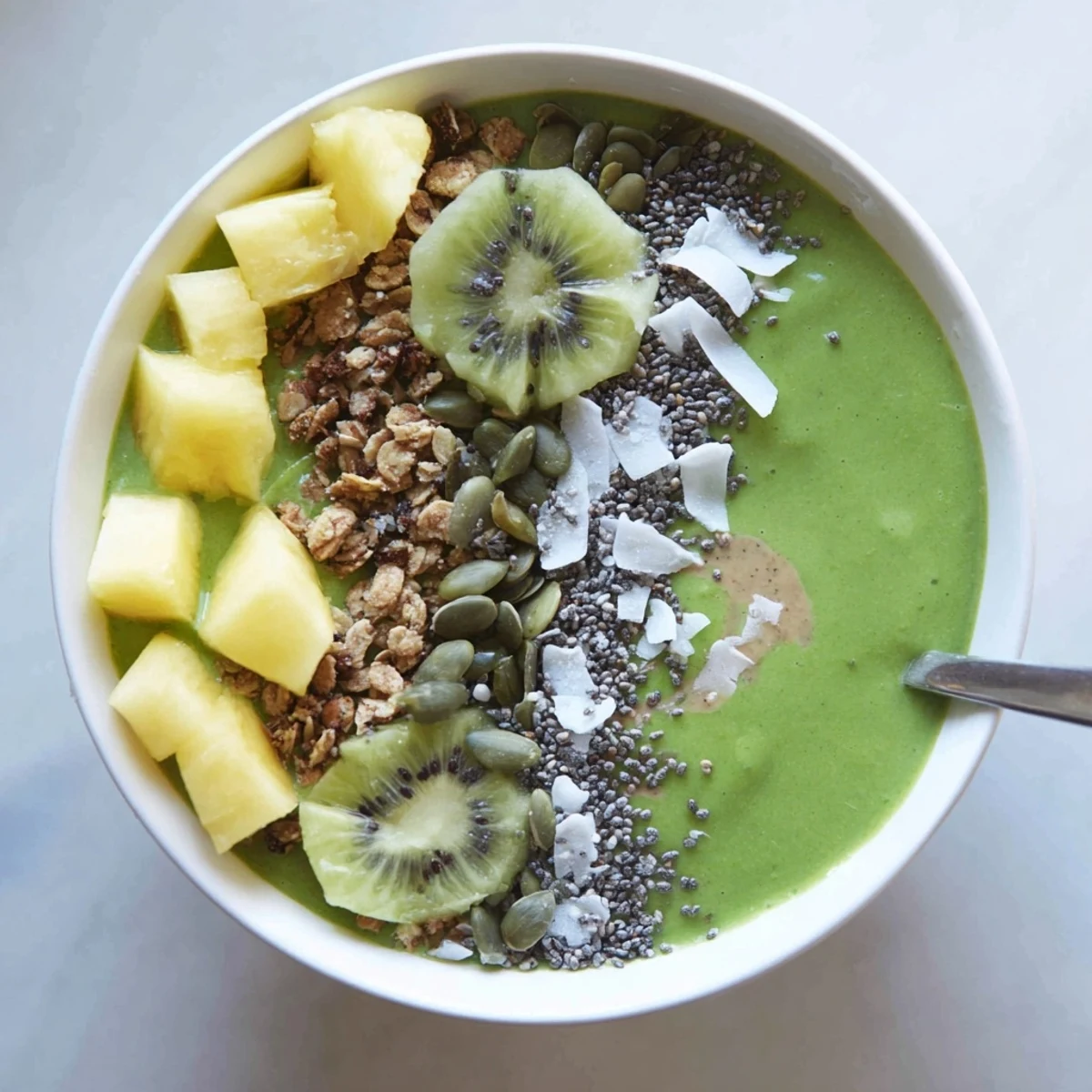 A vibrant green smoothie bowl topped with fresh pineapple, kiwi, and crunchy granola for a healthy breakfast.