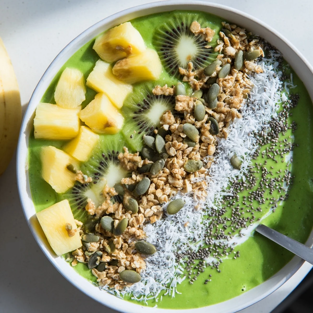 Spoon into this thick, creamy spinach and pineapple smoothie bowl loaded with tropical fruit and seeds.