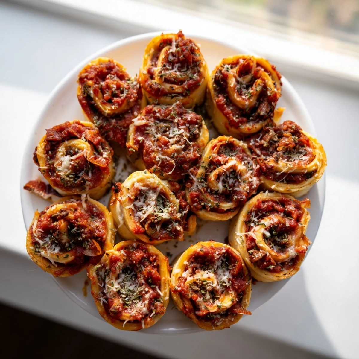 Golden-brown pizza rolls with beef pepperoni, melty mozzarella, and zesty tomato sauce, served warm on a rustic platter.