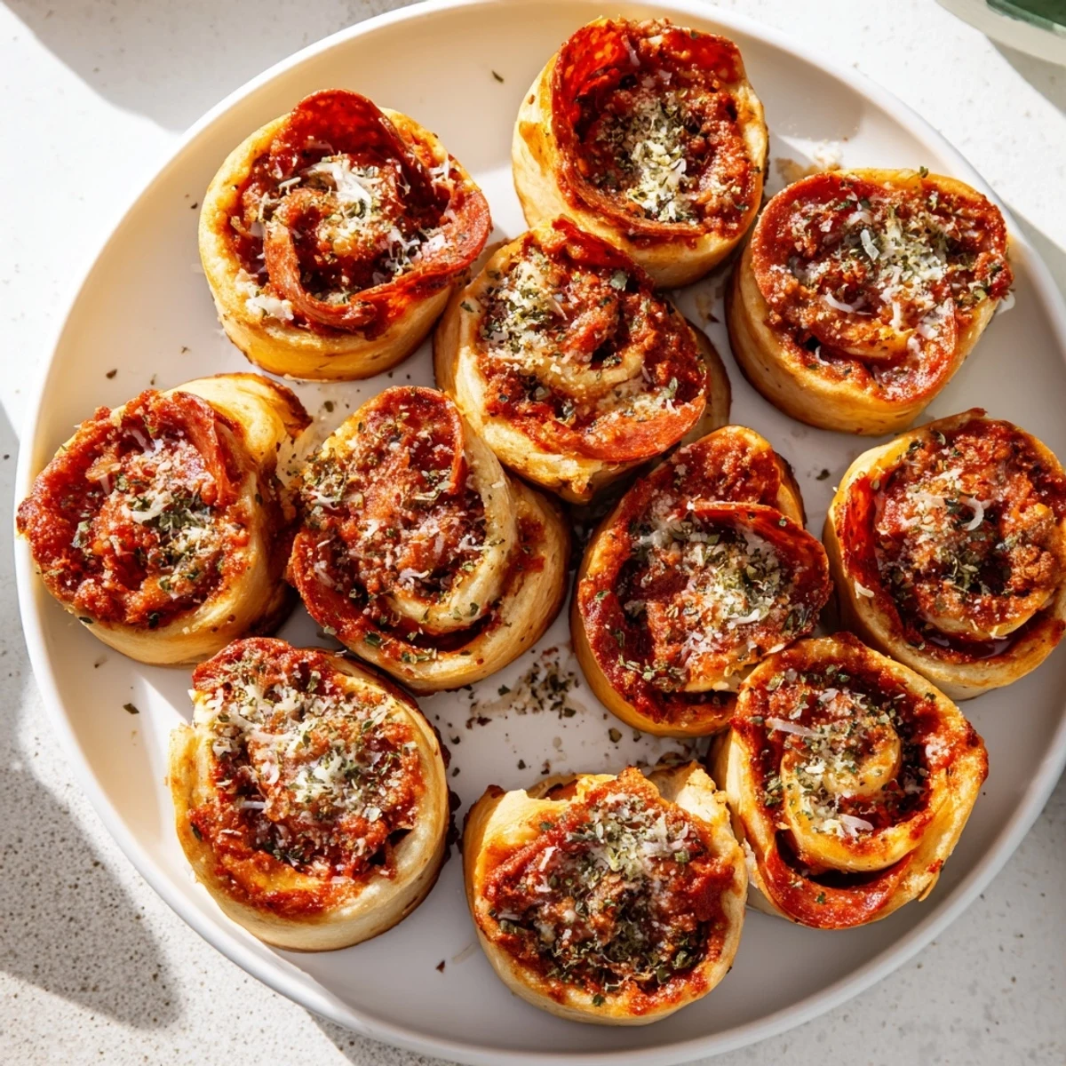 Freshly baked pizza rolls featuring savory beef pepperoni and bubbling cheese, perfect for a party appetizer or snack.