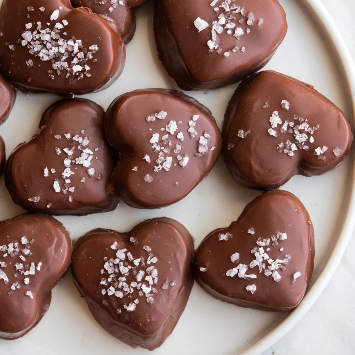 Three chocolate peanut butter hearts with sea salt on a marble surface, showcasing the rich, glossy coating and flaky salt crystals.
