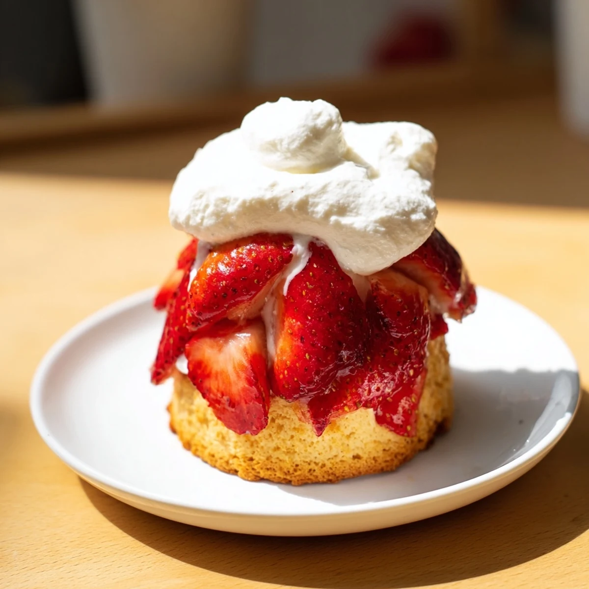 Golden shortcake cups filled with sweet, juicy strawberries and a generous swirl of whipped cream.  